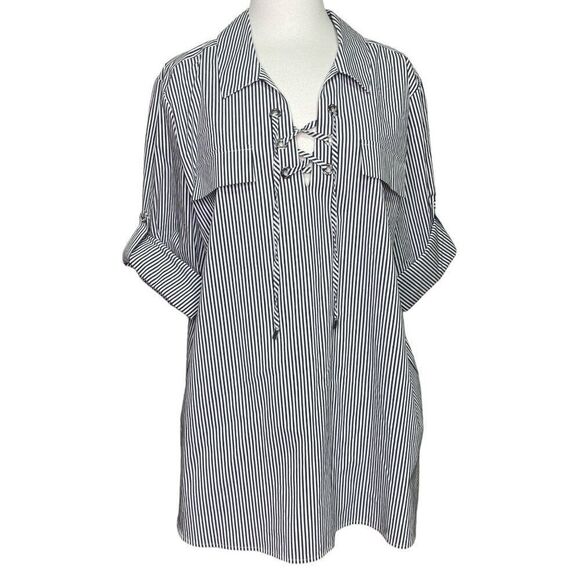 Calvin Klein Long Sleeve Gray And White Striped Collared Blouse Size XL - Picture 1 of 11